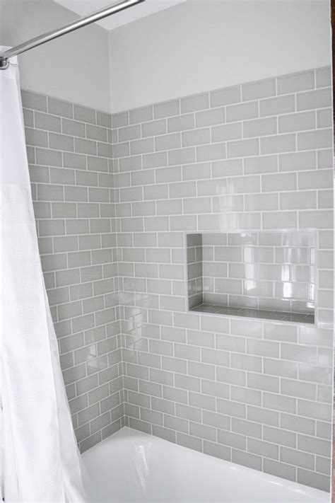 Modern Traditional Bath with Gray Subway Tiles and Shower Niche