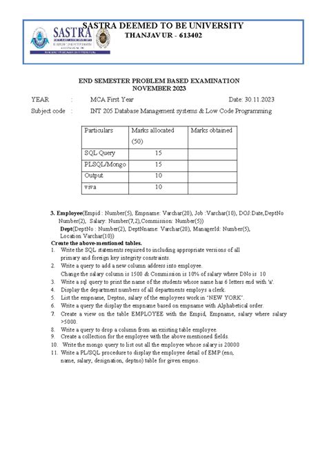 MCA INT 205 End Sem Exam Nov 2023: DBMS Low Code Programming - Studocu