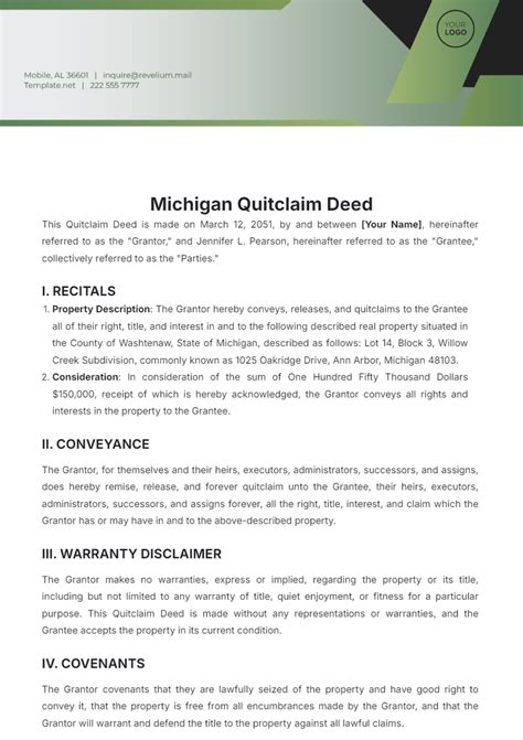 Free Michigan Quitclaim Deed Template to Edit Online