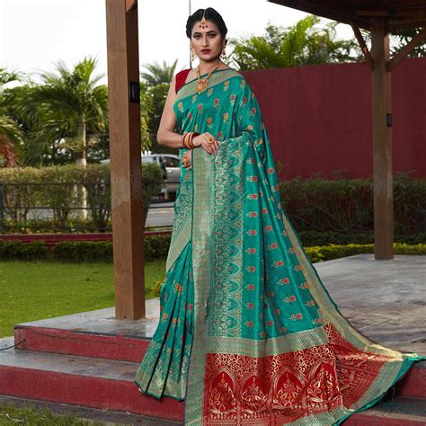 Rama Green Festive Wear Woven With Meena Rappier Lichi Silk Saree