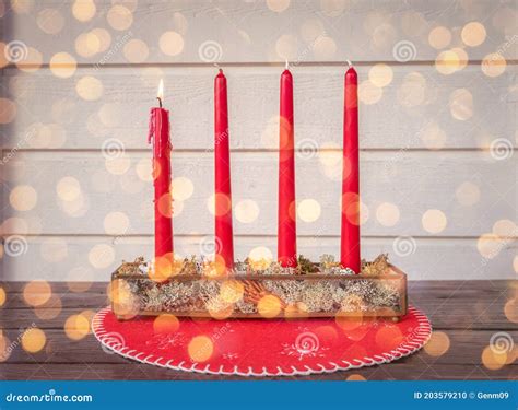 Christmas Vintage Card. First Advent. Four Candles. One Red Burning ...