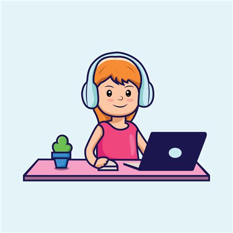 Beautiful girl working on laptop vector illustration. Work from home ...