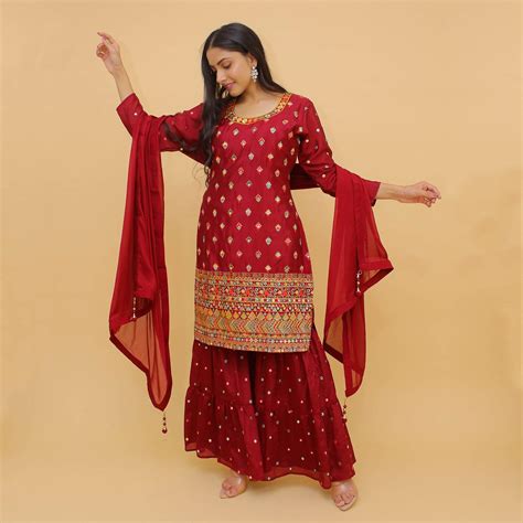 Red Sequins Floral Embroidered Georgette Sharara Suit