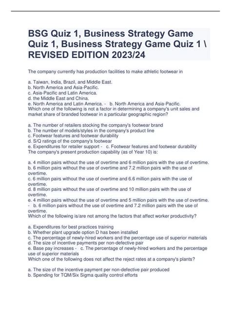 BSG Quiz 1, Business Strategy Game Quiz 1, Business Strategy Game Quiz ...