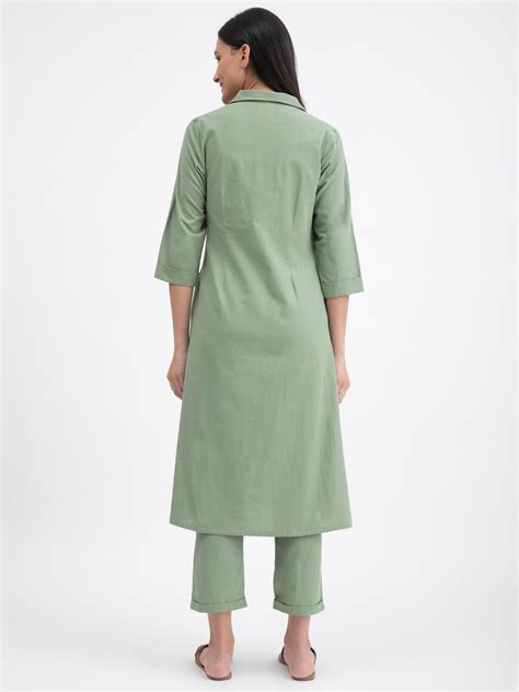 Buy Green Linen Blend A line Kurta Set Online | Pink Fort