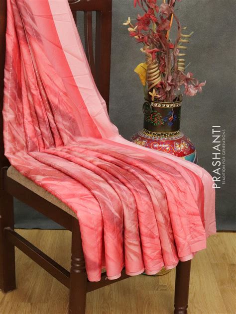 Satin crepe saree peach pink shade with tie & dye prints and sequence ...