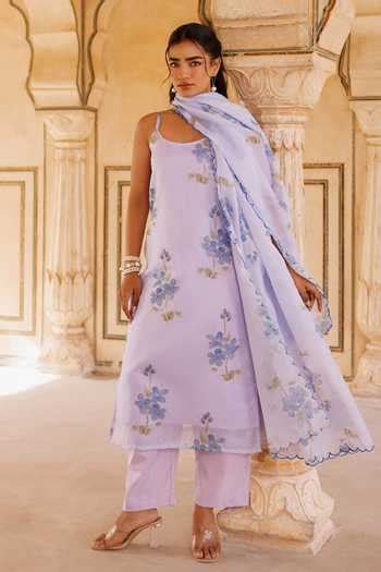 Buy Purple Kota Doria Embroidery Scoop Neck Floral Print Kurta Set For ...
