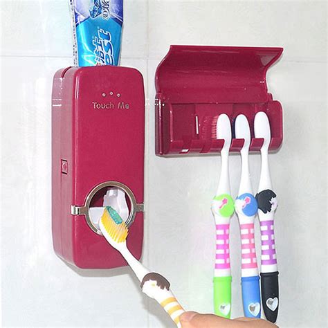 Automatic Auto Toothpaste Dispenser +5 Toothbrush Holder Set Wall Mount wine red and white | Wish