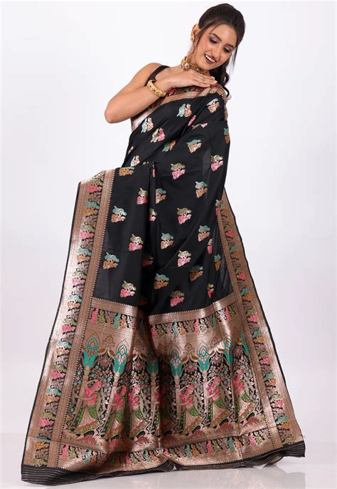 Black Baluchari with Golden Zari Work Silk Saree with Blouse Piece