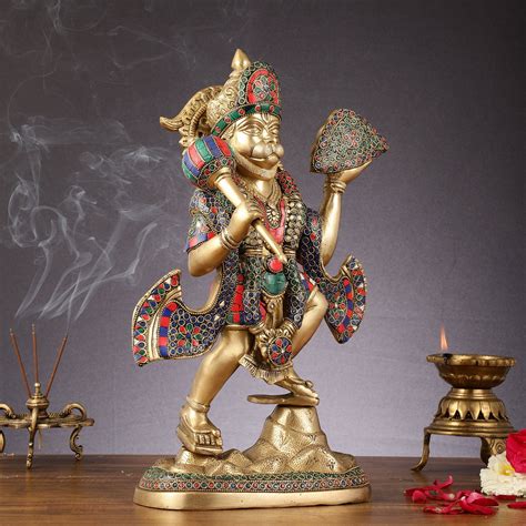 Buy Pure Brass Lord Hanuman Sanjeevani Mountain Statue with Stonework ...