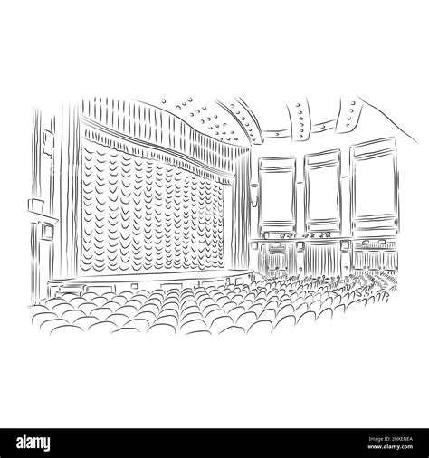 Scene in a movie theater or theater with a curtain. Pencil drawing ...