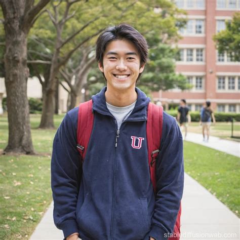 Japanese Student Smiling on American Campus | Stable Diffusion Online