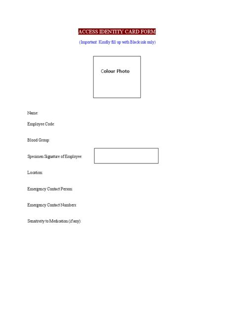 Image result for Access Card Form Template