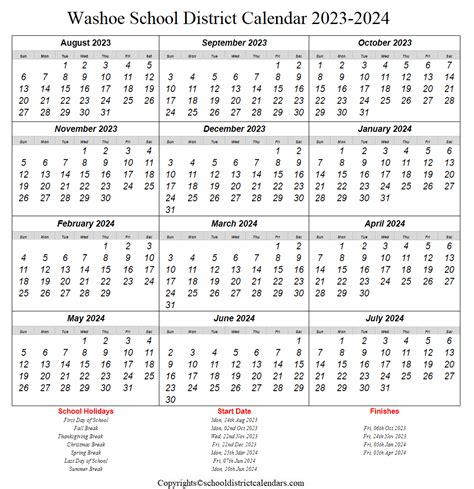 Washoe School District 2023-2024 Calendar With Holidays