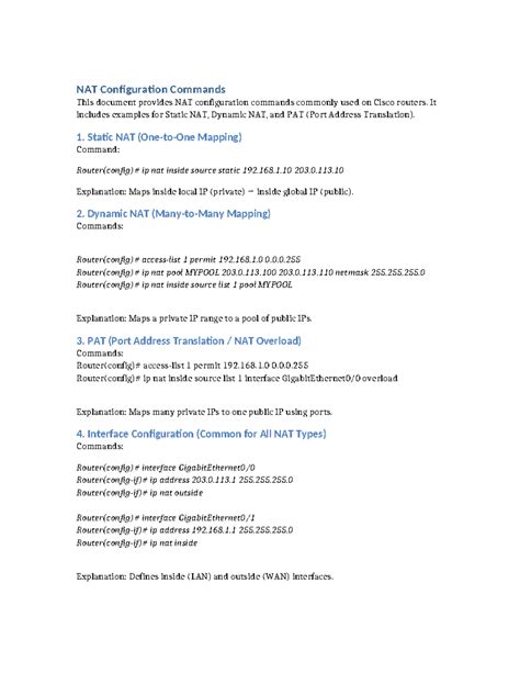 NAT Configuration Commands for Cisco Routers - Studocu