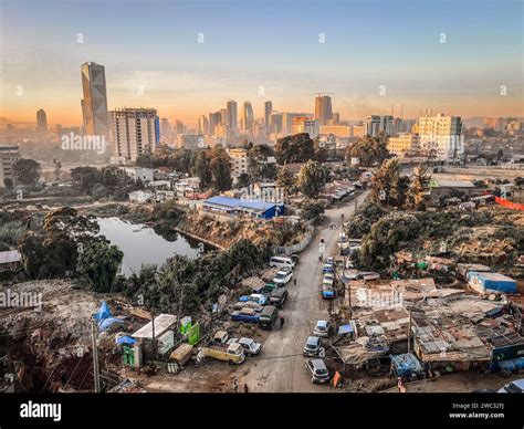Aerial overview of Addis Abeba city, the capital of Ethiopia, showing brand new buildings and ...