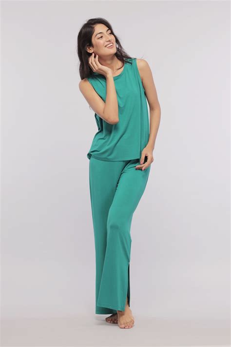 Green Flared Lounge Pants with Side Slits – NeceSera