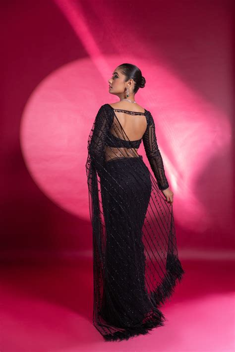 Buy Zehra Black Tulle Saree with Feathers | Rouje Official