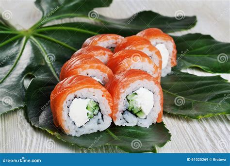 Philadelphia Roll Sushi Tropical Leaves Still Life Stock Image - Image ...