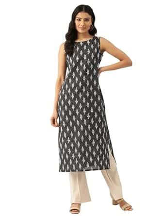 Buy feranoid Unique Printed Round Neck Sleeveless Long Straight Kurti ...