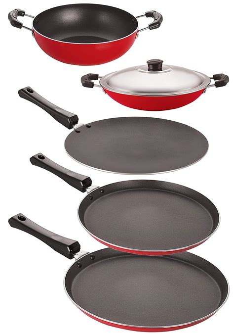Nirlon Aluminium Cookware Set, 5-Pieces, Red and Black, 2.6mm_FT13_CT ...