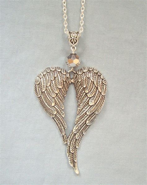 Large Guardian Angel Wings Silver Crystal Pendant 32" Long Chain Necklace | eBay