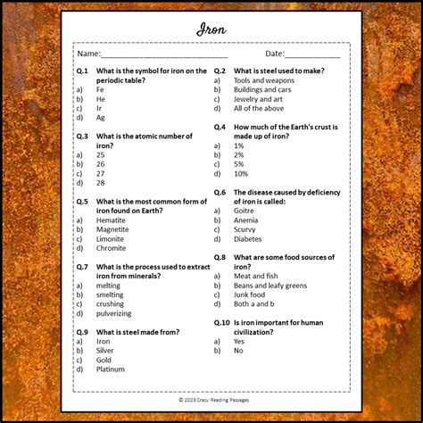 Iron Reading Comprehension Passage and Questions | Printable PDF ...