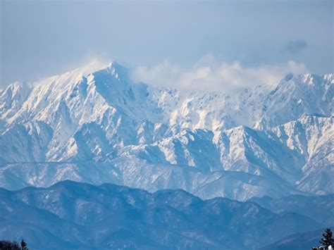 Aerial shot of the japanese alps seen from the upper area of the shiga ...