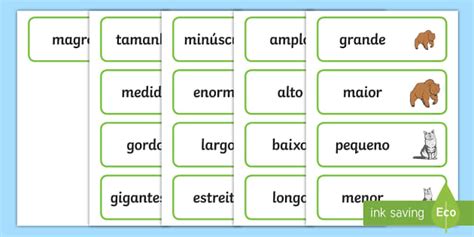 Cartões de palavras sobre tamanho