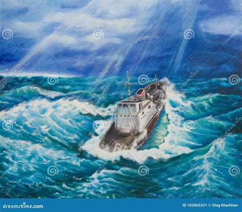 船在风雨如磐的海运 库存例证. 插画 包括有 画布, 绿色, 油漆, 石油, 海军, 艺术, 横向, 海上 - 103065331