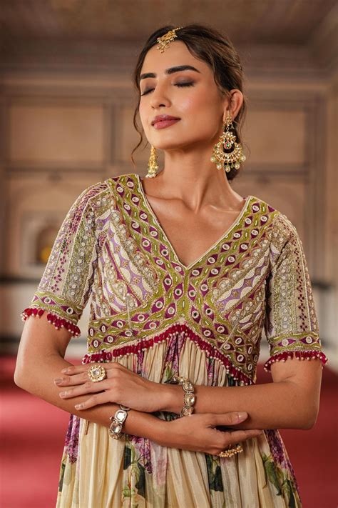 Ivory Chinon Silk Floral Printed-Embellished Gathered Gown – SCAKHI