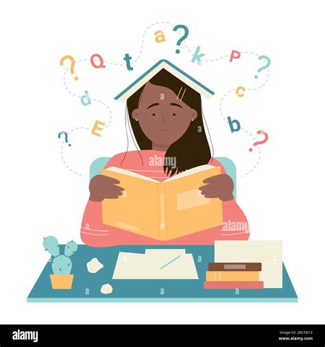 Cartoon dyslexic girl with anxiety on face learning, reading at school table, education ...