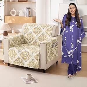 HOKIPO Polyester 1 Seater Quilted Sofa Cover with Pockets, Damask Beige ...