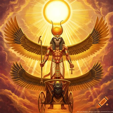 Egyptian sun god Ra with wings on a scarab chariot beneath a shining ...