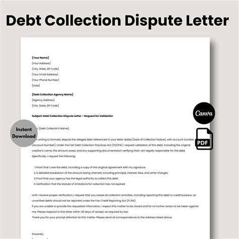 Debt Collection Dispute Letter, Printable Debt Dispute Letter, Debt ...
