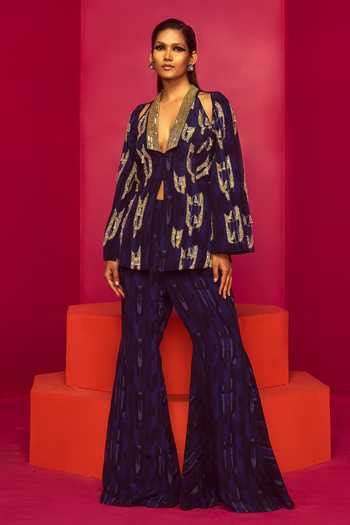 Buy Blue Crepe Sequins, Beads Geometric Print Blazer And Pant Set For ...