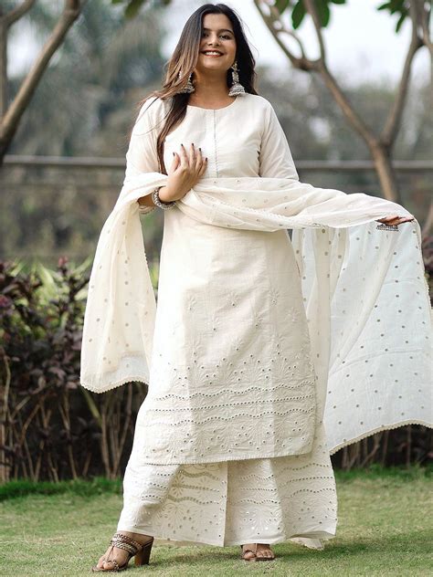 Buy Off-White Embroidered Cotton Straight Kurta With Palazzos & Dupatta ...