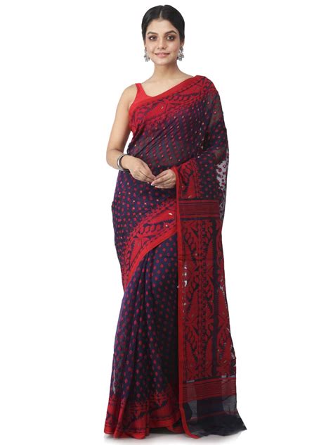 Buy PinkLoom Women's Jamdani Cotton Silk Saree (PLMUSJ74_Blue) at Amazon.in