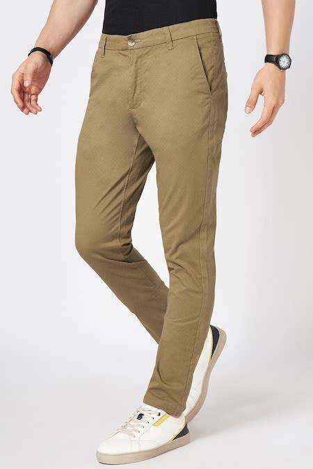 Light Khaki Solid Full Length Athleisure Men Slim Fit Casual Trousers ...