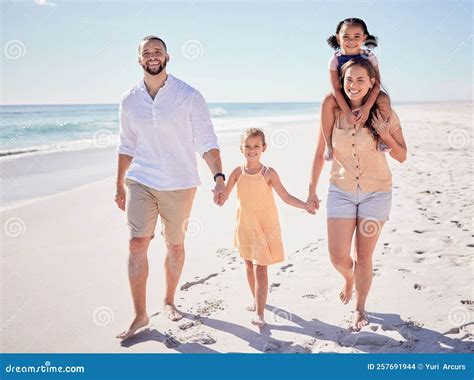 Happy Family, Beach and Holding Hands on Hawaii Summer Vacation Holiday ...