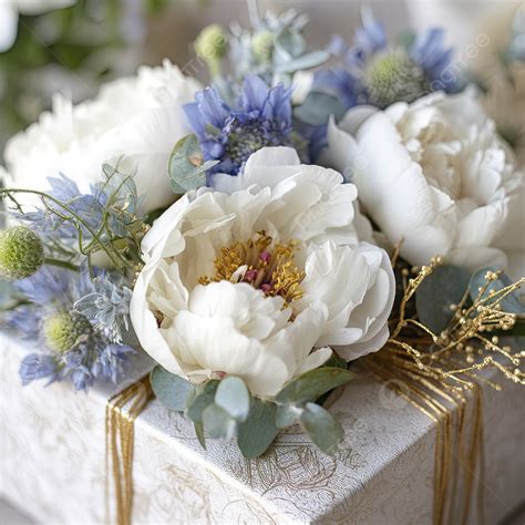 Close Up Of White Peonies Blue Flowers And Greenery Wrapped In Paper ...