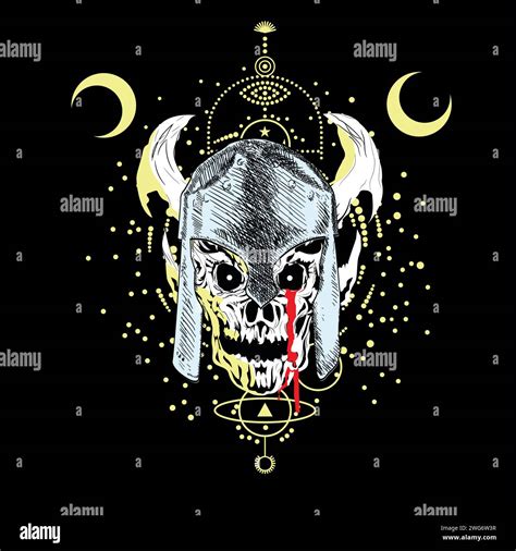 Skull t-shirt design with horned helmet and two moons on a black ...