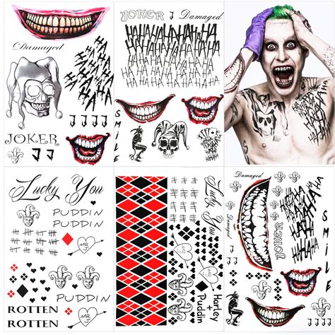 5 Large Sheets Joker Tattoos, the Joker Temporary Tattoos from Harley ...