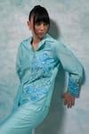 Buy Blue Chanderi Beads, Embroidery Collared Hand Shirt And Pant Set ...