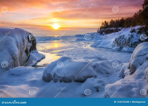 Winter Sunrise at Presque Isle Park, Marquette Michigan Stock Photo ...