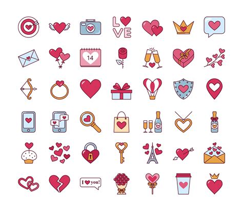 Valentines day. Heart, ring, arrow, phone icons. Set of cute isolated icons. Symbols of love ...