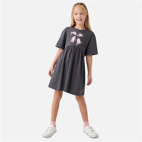 Juniors Bow Print A-Line Dress with Short Sleeves