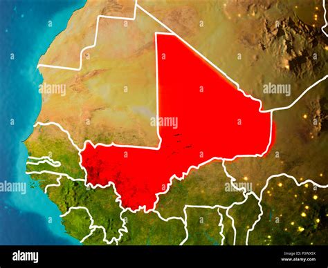 Mali in the morning highlighted in red on planet Earth with visible border lines and city lights ...