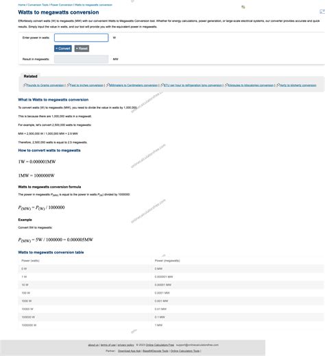 11048 Watts to megawatts | 瓦特到兆瓦转换器 - CalculatorFree