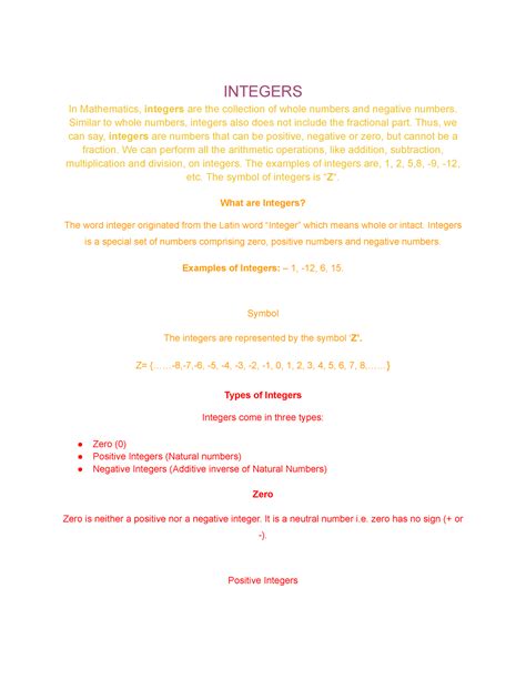 Integers - An integer is the number zero, a positive natural number or a negative integer. - Studocu